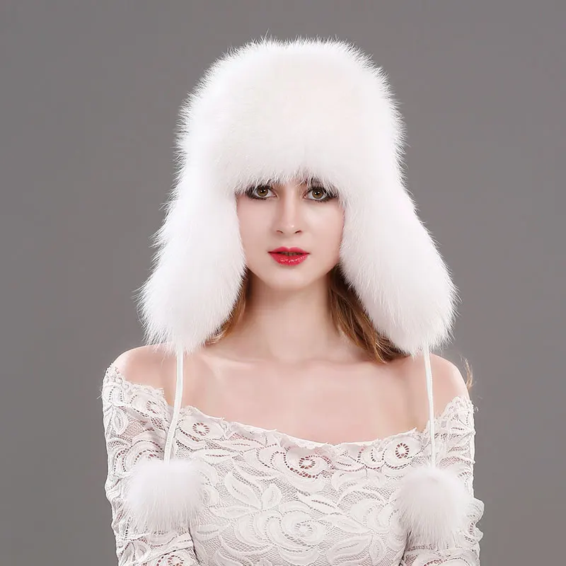 Longtengfenghao, шапка из меха русской лисы, зимняя шапка из натурального меха лисы, меховая шапка, шлем летчика, женская шапка из натурального меха - Цвет: 05 white