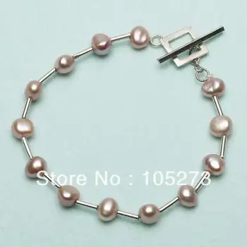 

Mother's Day Gift Pearl Jewelry Purple 6-7mm Nugget Pearl With Silvers Spacer Pipe Bracelet 7.5'' Fashion Lady's Style Hot sale