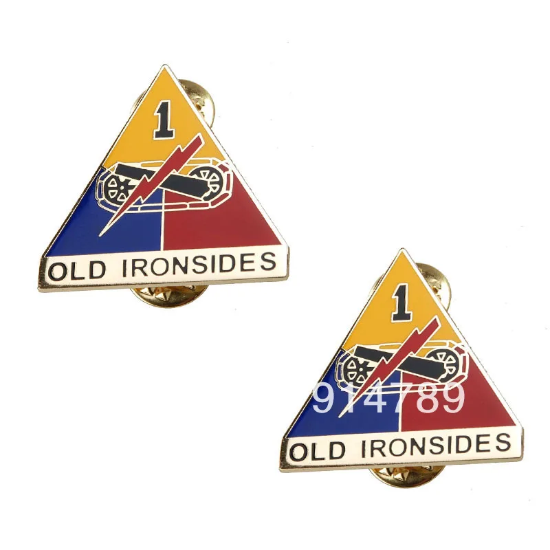 

PAIR OF US ARMY 1ST ARMORED DIVISION OLD IRONSIDES METAL BADGE PIN-33616