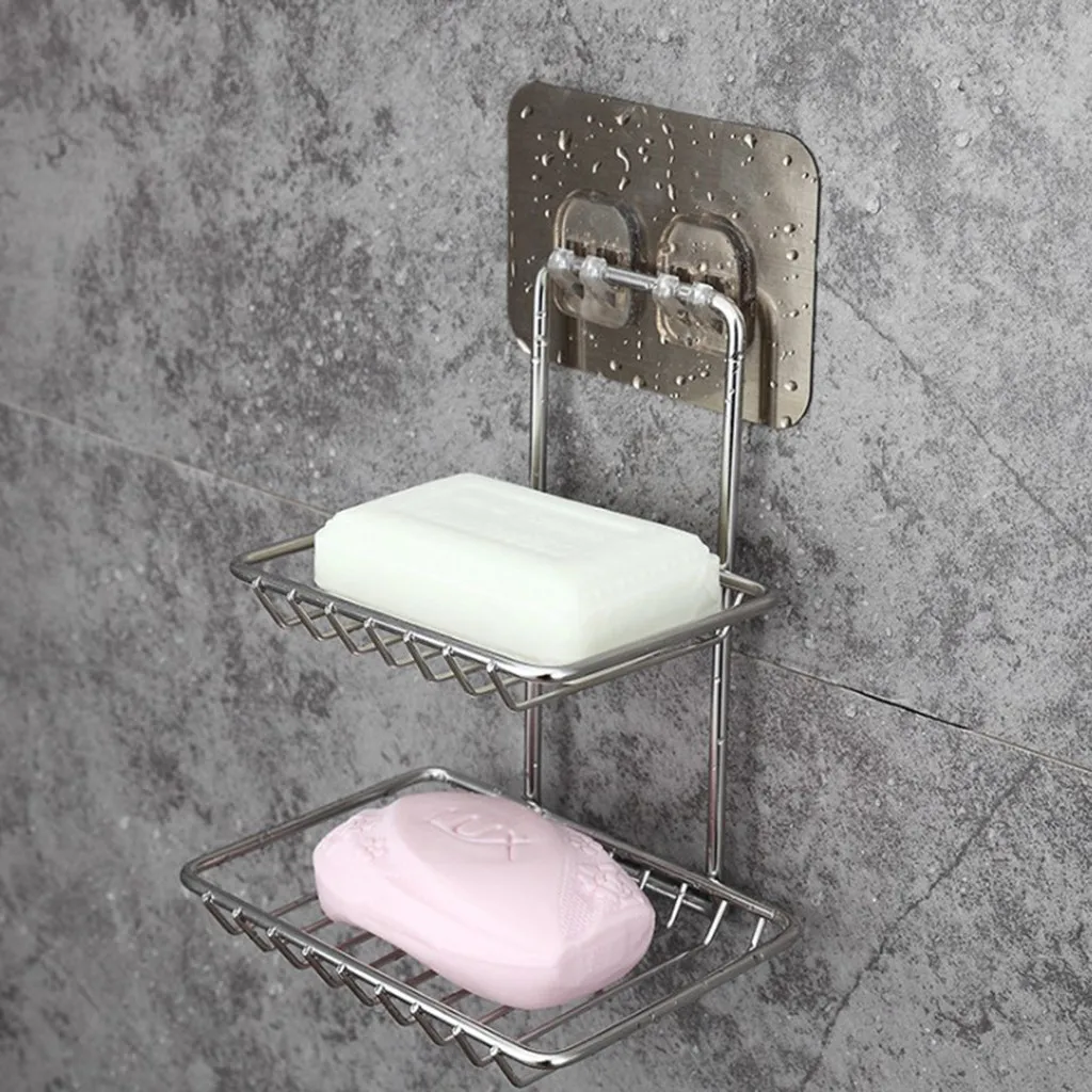 

Stainless Steel Silver Rack Soap Household Punch-Free Creative Double Soap Holder Bathroom Bathroom Shelf Jun 18