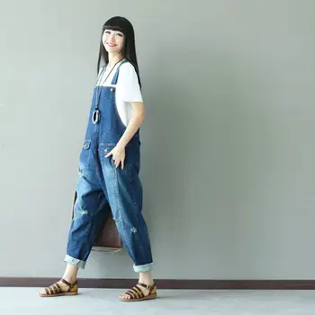 

2017 Blue Denim Jumpsuits Women Bleached Holes Loose Denim Overalls Rompers Female Cute Vintage Denim Harem Trousers G062501