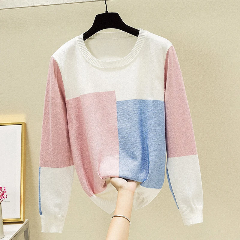 

Women Sweater Geometric Color Block Knit Outwear Autumn Winter Casual Comfortable Soft O Neck Daily Jumper Female Pullovers