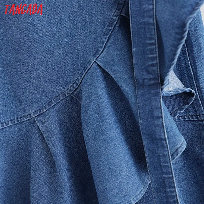Tangada Мода Женская винтажная джинсовая юбка с поясом оборки Ретро плиссированные синие юбки faldas mujer 1D422