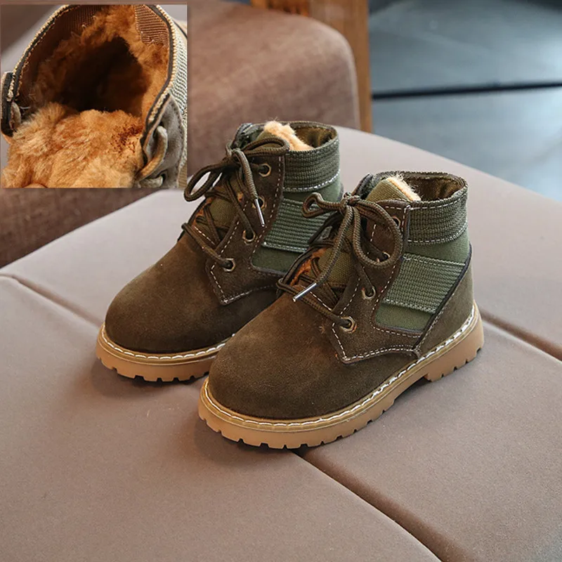 Осенне-зимняя детская обувь для мальчиков; нескользящие ботинки; детская обувь для маленьких девочек; модные теплые плюшевые ботинки; обувь с хлопковой подкладкой - Цвет: winter army green