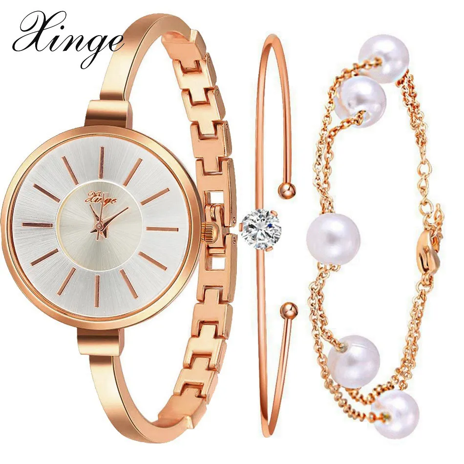 

Xinge Brand Wholesale Pearl Diamond Women Watches Set Female Simple Style Quartz Wristwatch Ladies Popular Alloy Watch