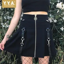 Черная юбка на подтяжках в готическом стиле для девочек; плиссированные юбки на молнии в стиле панк; Повседневная Уличная мини-юбка с завышенной талией; вечерние юбки темной серии