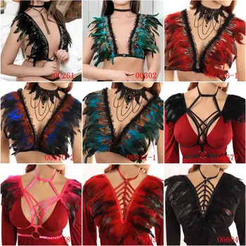 

Feather Epaulettes for women's sexy Tops Chest Strap bra Elastic Belt harness women Bondage Fetish Erotic Rave dance bar wear