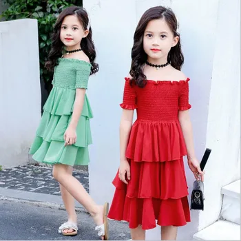

Girl ball gown dress summer fashion elastic pleat princess dress girls children pupil thin style long dresses party clothing