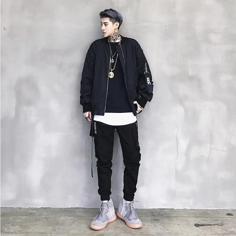 Mens Harajuku Printed Bomber Jacket 2019 Spring Men Streetwear Hip Hop Jacket Ribbon Design Jacket Zipper Coat Black WG202 Mens Harajuku Printed Bomber Jacket 2019 Spring Men Streetwear Hip Hop Jacket Ribbon Design Jacket Zipper Coat Black WG202