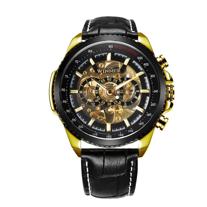WINNER официальный автоматические часы для мужчин военные Скелет механические часы из натуральной кожи ремешок роскошное платье мужские s наручные часы - Цвет: LEATHER GOLD BLACK