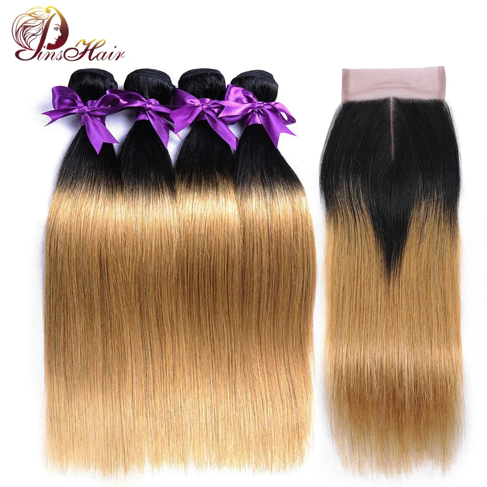 Pinshair Peruvian Hair 4 Bundles With Closure Ombre Blonde 1B 27 Straight Human Hair Weave Bundle With Lace Closure Nonremy Hair