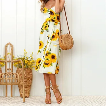 

Sexy V Neck Backless Floral Print Summer Beach Dress Women 2020 Boho Striped Button Sunflower Daisy Pineapple Party Midi Dresses