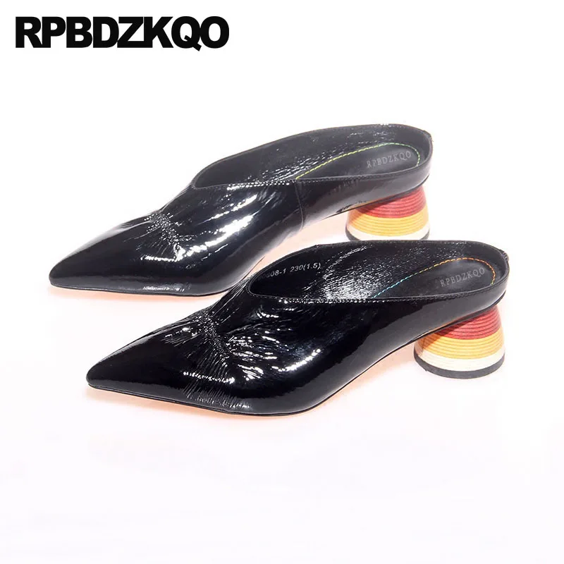 Pompes Sandales jaune Haute Véritable Marque Chunky Pour Noir rouge Bout Verni Femmes Pointu blanc Rouge Noir Moyen En Talons Cuir Mules Pantoufle 2018 Jaune Chaussures ASxqRS0wvf
