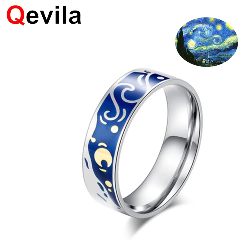 

Qevila 2019 Fashion Jewelry Van Gogh Starry Sky Open Lovers Rings For Women Men Romantic Gifts 925 Sterling Silver wedding Ring