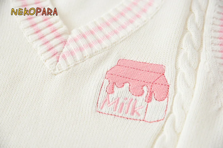 Клубничное молоко вышивка британская школьная форма v-образным вырезом жилет японский JK свитер без рукавов хлопковые топы