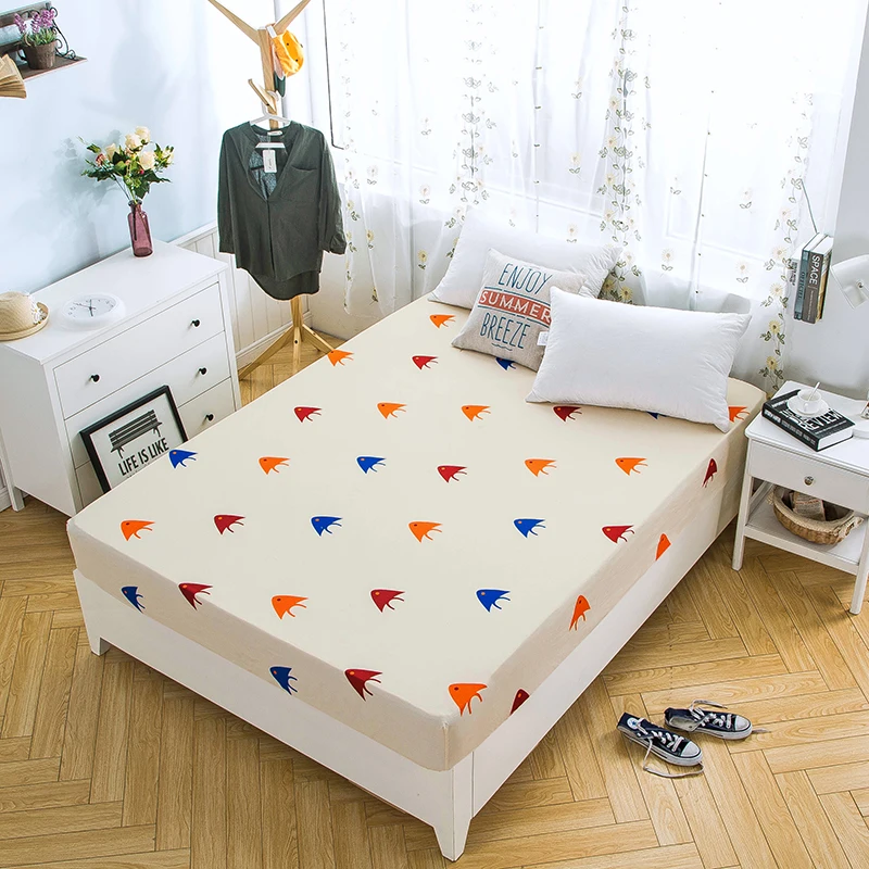 

Stylish Colorful Fish Pattern 1 Piece 100% Cotton Fitted Sheet Mattress Cover Bed Sheet Elastic Band Mattress Protector 2 Sizes