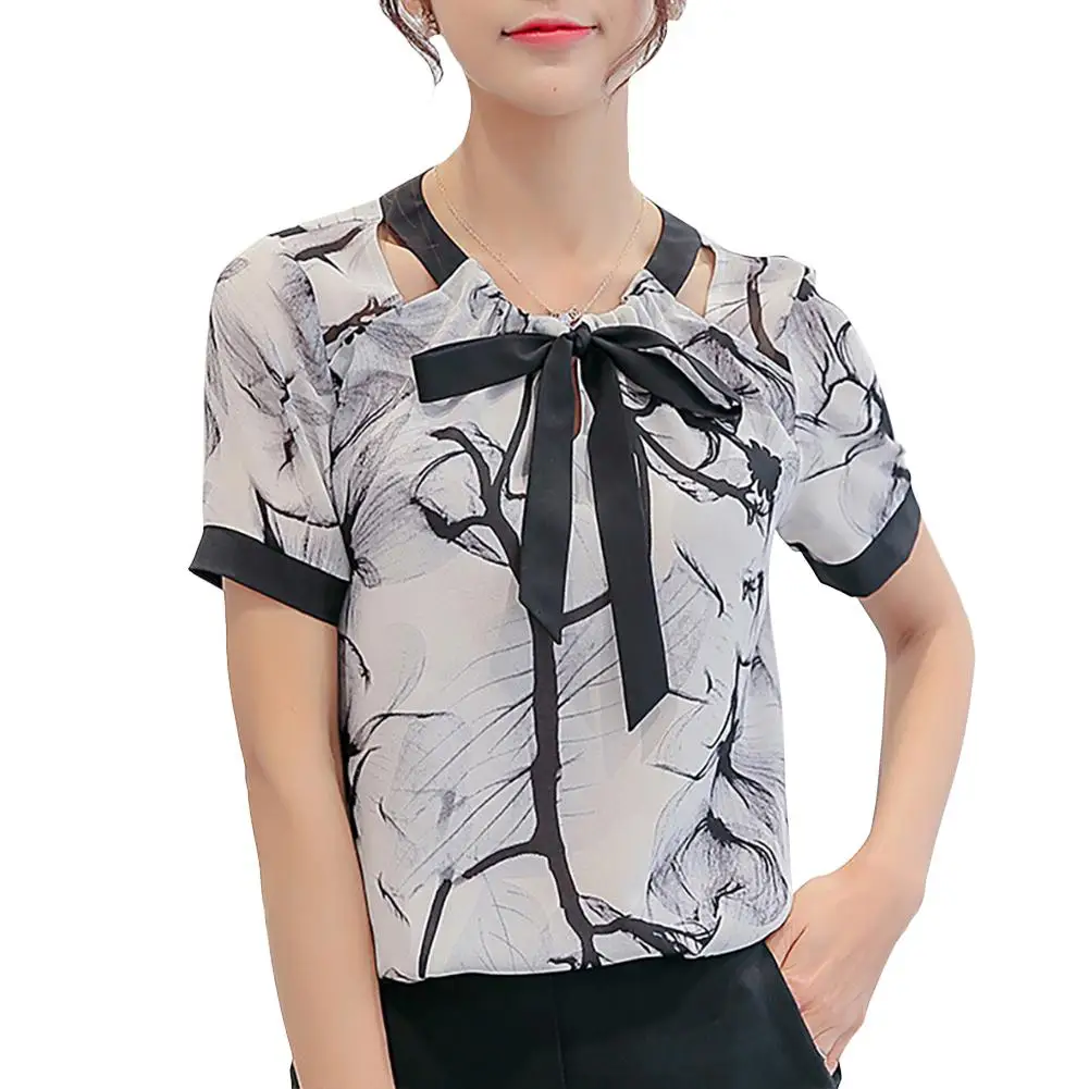 

2019 New Yfashion Women Fashion Ink Painting Printing Casual Bowknot Short Sleeve Shirt