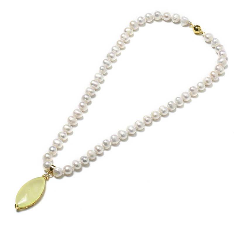 

Transparent bright yellow 13*43*8 MM Pendant with slender milky white pearls 8-9 mm freshwater Natural Pearl Necklace