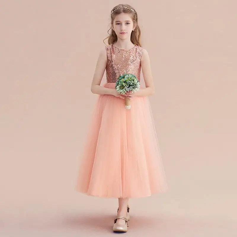

New Kids Girls Shining Sequined Mesh Party Dress Children Wedding Bridesmaid Princess Dress Teens Girls Elegant Long Dress Q208