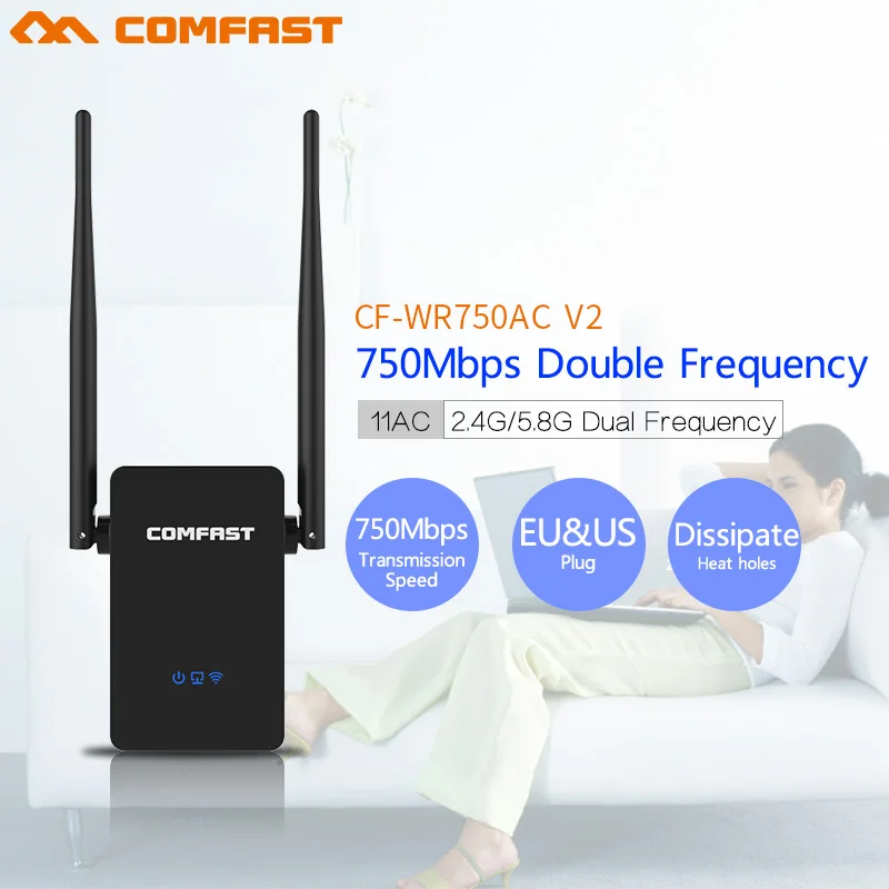 

Comfast CF-WR750V2 Long Rang Dual Band 750Mbps Wifi Repeater Roteador 802.11AC Wireless Router 2.4+5.8GHz Wi fi Signal Amplifier