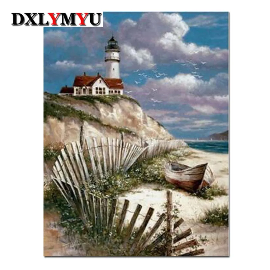

New Needlework Resin Diamond Embroidery Diy Seaside hut Diamond Painting Rhinestones Full Drill Diamond mosaic Living room decor