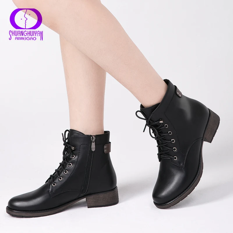 AIMEIGAO, botines de punta redonda para mujer con cordones en Color negro,  botas para mujer, plantillas cálidas de piel afelpada, zapatos de estilo  clásico para mujer|Botas hasta el tobillo| - AliExpress