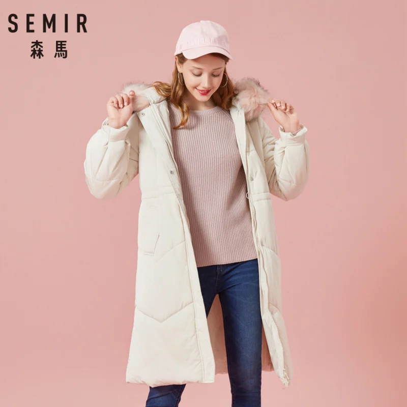 Skup SEMIR damski wyściełany płaszcz z kapturem z odpinanym Faux wykończone futrem z kapturem ocieplana kurtka ze skośnymi kieszeniami Zip i zapięcie na zatrzask
