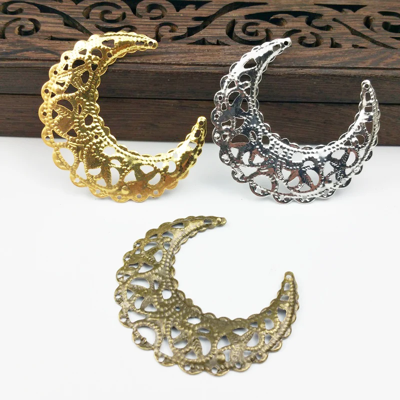 20 pcs/lot 42mm Gold /rhodium/Antique bronze Metal Filigree moon Slice Moon Charms Setting Jewelry DIY Components