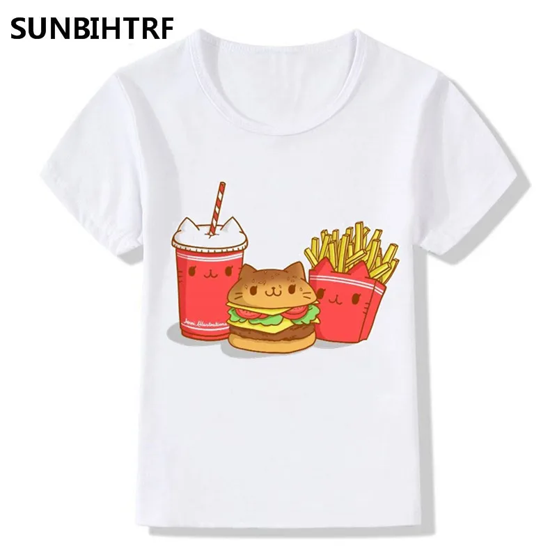 

Cartoon Cat Fries, Burge,Cola Design Funny T shirt Kids Clothes Big Boys Girls Short Sleeve Tops Kawaii Tees For Toddler Baby
