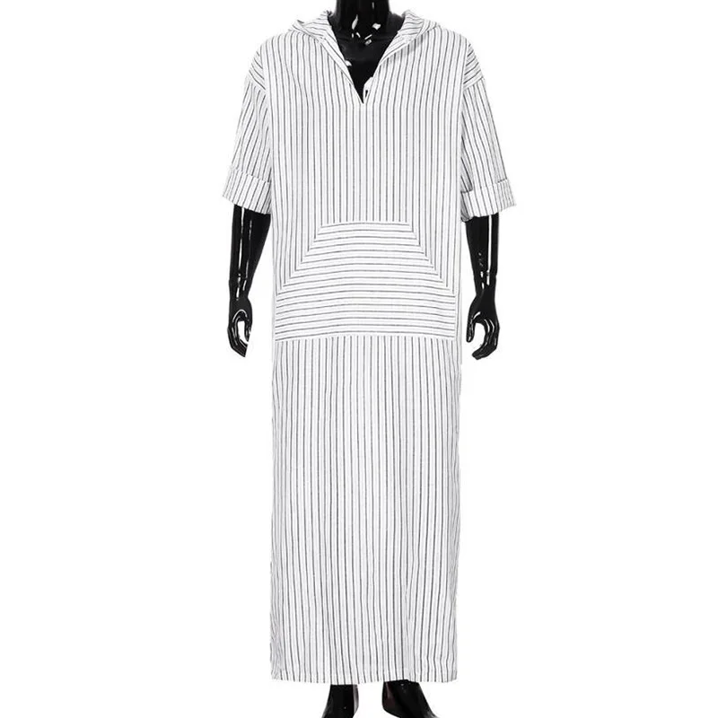 Mens Natural Robes Loose Striped Long Sleeve V-Neck Hooded Retro Casual Dress Shirts Vintage Kaftan Pockets Cotton Hem Vacation