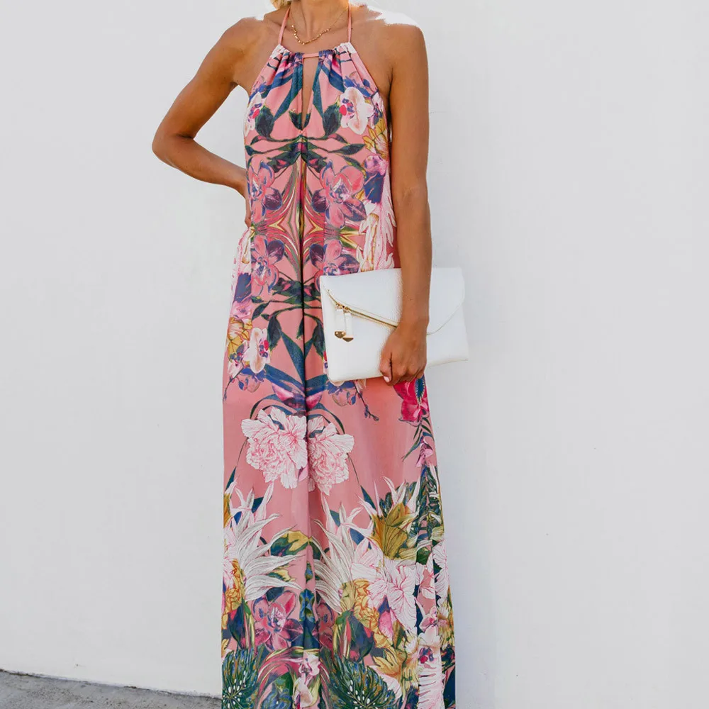 Women Camis Maxi Long Dress Fashion Floral Print Sleeveless Halter Slash Neck Bandage Bohemia Summer Dress 2019 Vestidos Mujer Women Camis Maxi Long Dress Fashion Floral Print Sleeveless Halter Slash Neck Bandage Bohemia Summer Dress 2019 Vestidos Mujer