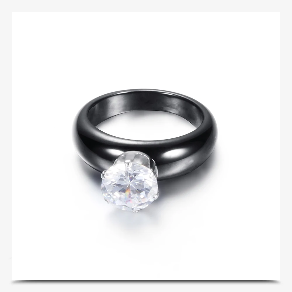 Черные и белые керамические женские кольца из нержавеющей стали, антиаллергенные кольца для женщин, круглые циркониевые кольца, керамические ювелирные изделия