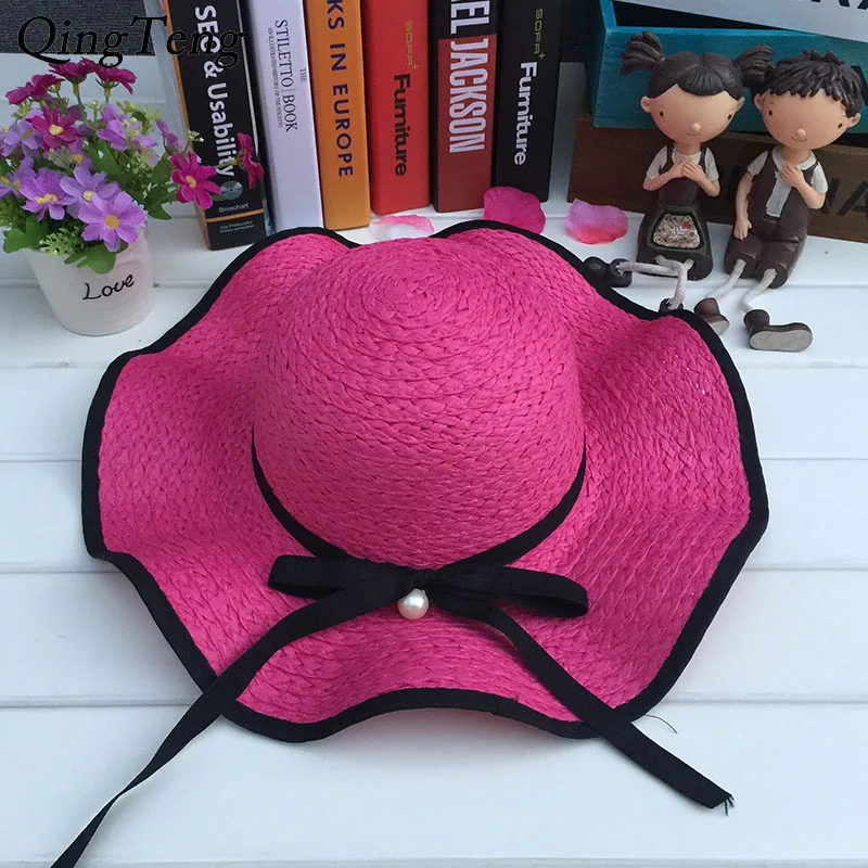 Women Wide Large Wave Brim Straw Beach Dome Sun Hat With Black Ribbon