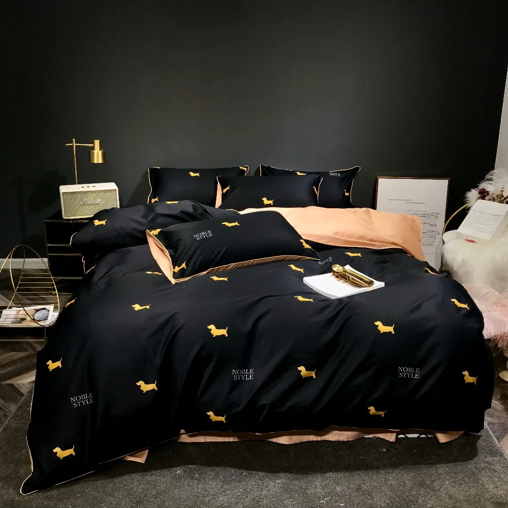 

100% cotton sateen bed linen double queen king size bedding set 4pcs 60S luxury black duvet cover with Dachshund print sheets