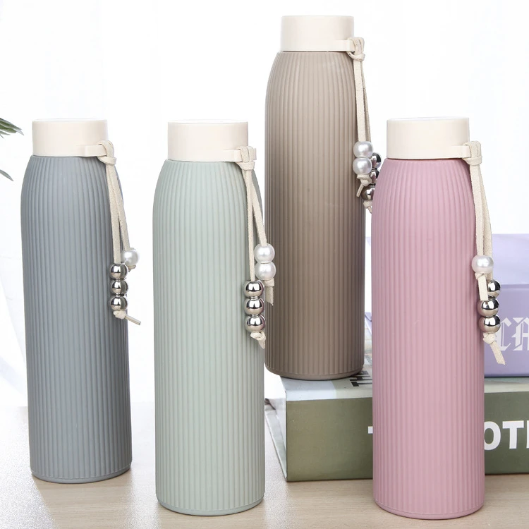 

310ml Creative Glass Inner Silicone Shell Water Bottles Tea Tumblers With Pearl Rope Lid Cover Portable For Outdoor Camp Women