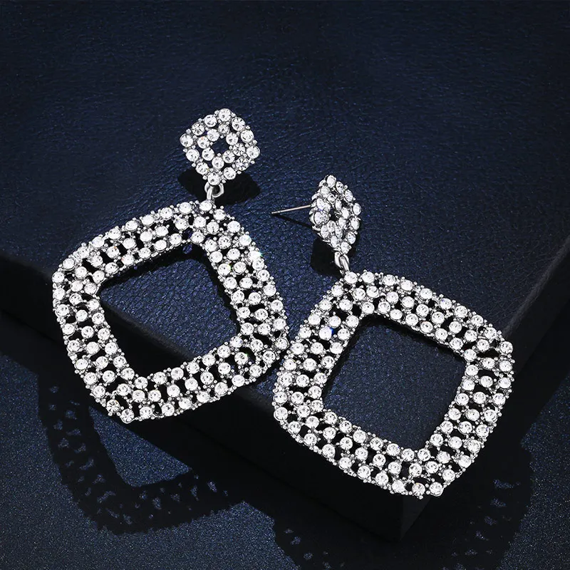 

FLOLA Big Exaggerate Crystal Square Hoop Earrings Rhinestone Gothic Statement Earrings Women Ethnic Jewelry Earings ersm33