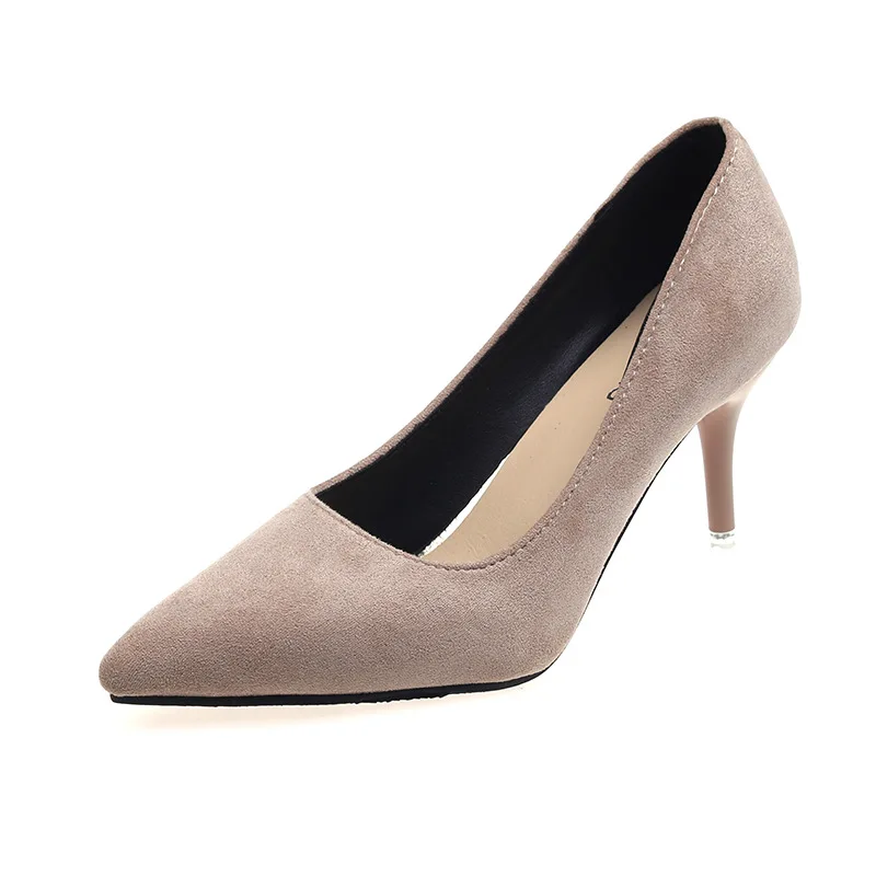 

2018 autumn suede large size pointed high heel low to help shallow mouth stiletto OL single shoes gray ljj 1031