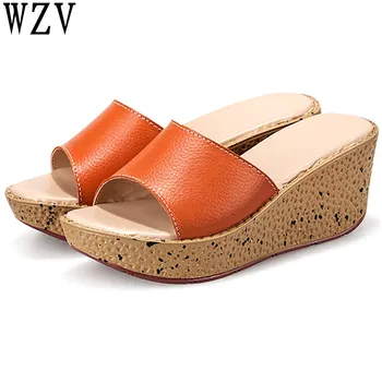 

2018 Summer women slippers Genuine leather Open Toe Thick Soled Female Outside Women Wedges Slippers 7 colors sandals B225