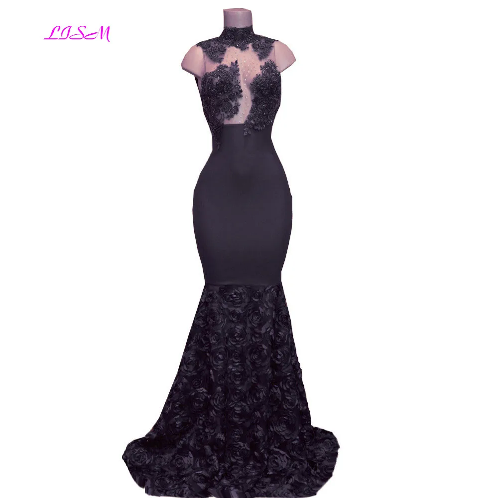 Luxury 3D Petal Flowers Mermaid Evening Dress Sexy High Neck Appliques Bead Long Formal Gowns Illusion Bodice Satin Prom Dresses