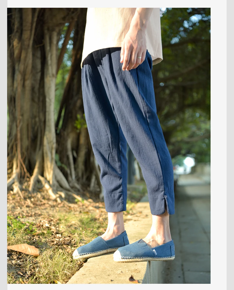 Новый стиль лето смесовой ткани теленок-длина брюки мужские Брендовые повседневные свободные мужские Штаны штаны с эластичной резинкой на