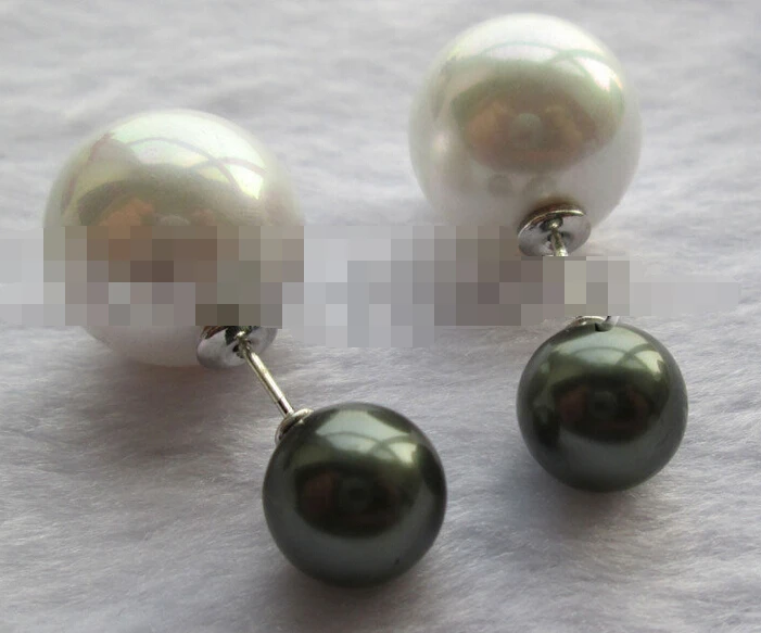 

hot sell new - free shipping 00333 peacock black + white perfect round sea shell pearl earring
