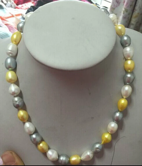 

HOT## Wholesale 13-14mm natural south sea white gold grey multicolor pearl necklace 18''