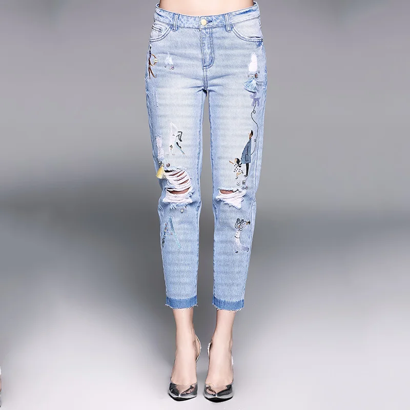 Aofuli l 3xl 4xl 5xl embroidery ripped jeans 2017 summer womens tassel Aofuli l 3xl 4xl 5xl embroidery ripped jeans 2017 summer womens tassel