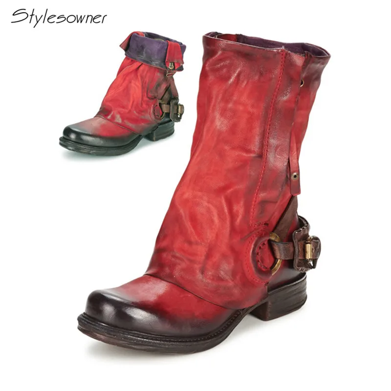 

Stylesowner Pleated Antique Retro Cow Leather Mid-Calf Boots Mixed Colors Personal Neutral Women Knight Boots Large Size 34-42