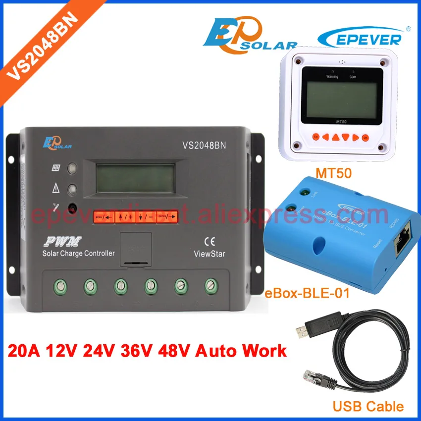12 В 20A 20amp 12 В 24 в 36 в 48 в автоматический контроллер работы EPEVER EPsolar PWM регулятор солнечного зарядного устройства wifi USB кабель и MT50 VS2048BN