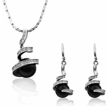 

2018 New Brand Bride Women Pearl Pendant Necklace Earrings Jewelry Platinum Water Drops Ladies Necklace Earrings Black Pearl
