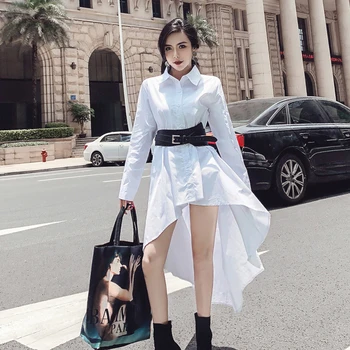 

Sexy Fashion Long Shirts Asymmetrical Slim White Blouse Women Waist Band High Street High Waist OL Blouse Dresses vestidos mujer