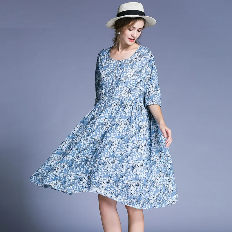 Women Plus size dresses fashion pure cotton Print Elegant dress high