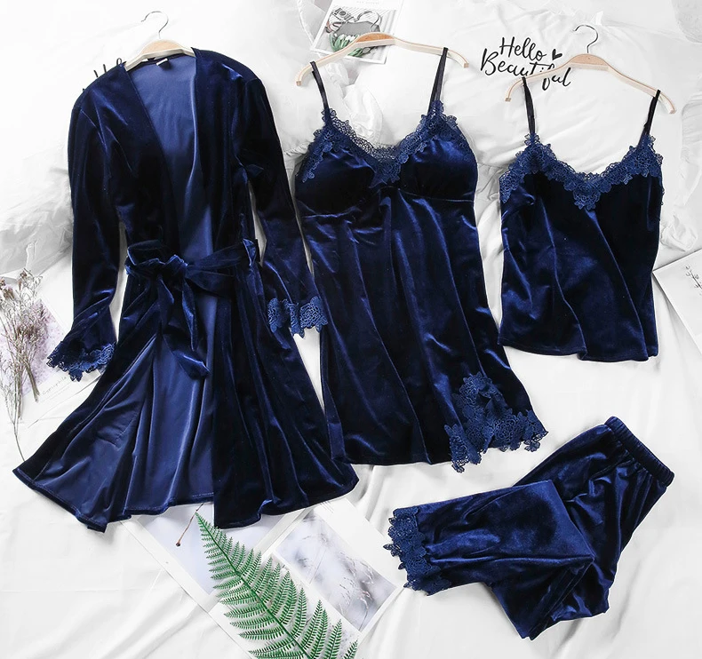 4PCS Nightdress Women Sleepwear Pajama Sets Gold Velvet Pyjama Femme Warm Winter Nightgown Home Night Dress M L XL Nightwear   