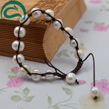 Уникальный 10 0% натуральный пресноводный жемчуг браслет белый Цвет AA 9-10 мм картофеля круглый Для женщин настоящие жемчуга